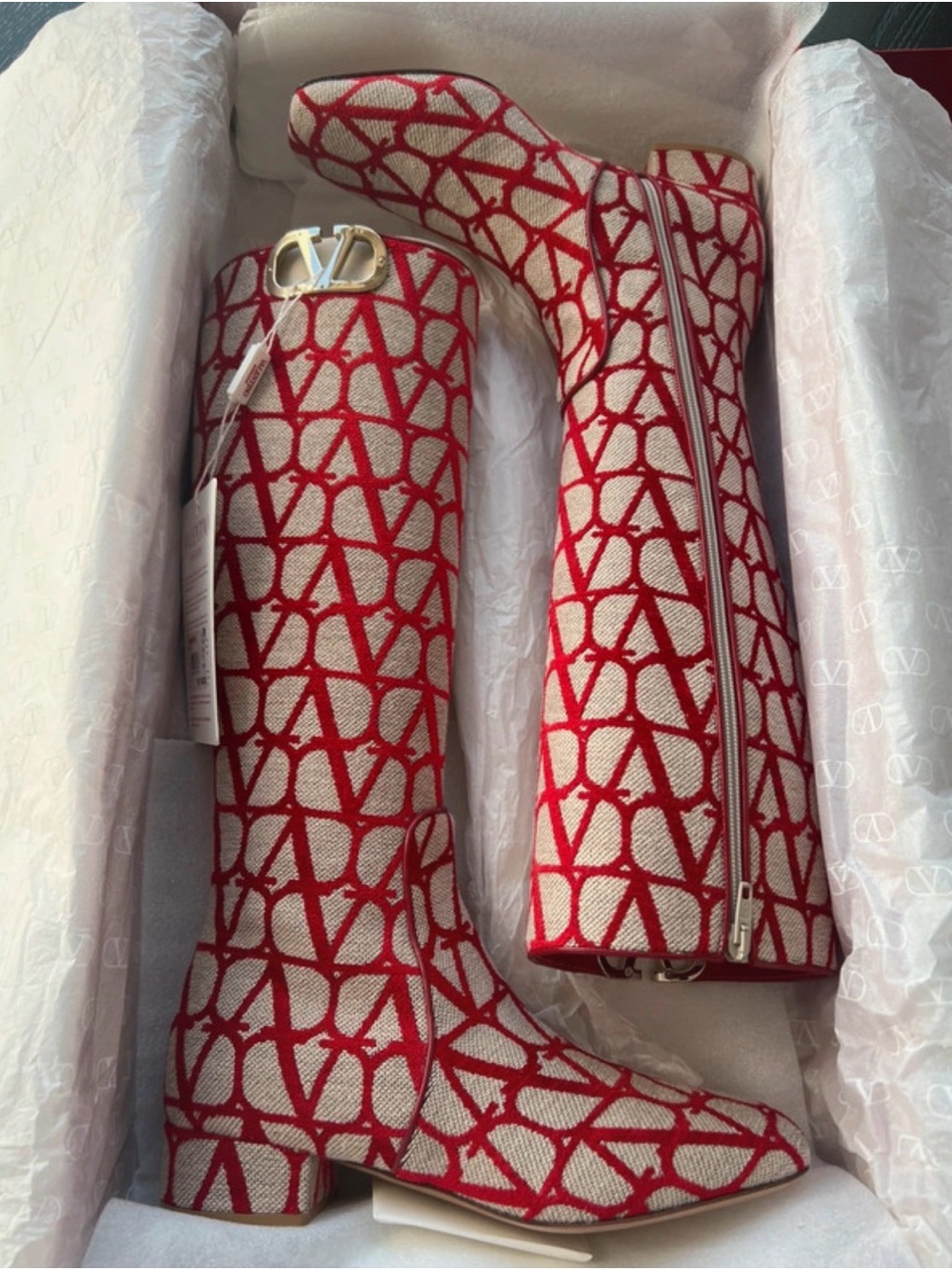 Valentino Garavani Monogram Knee Boots with Gold V Logo